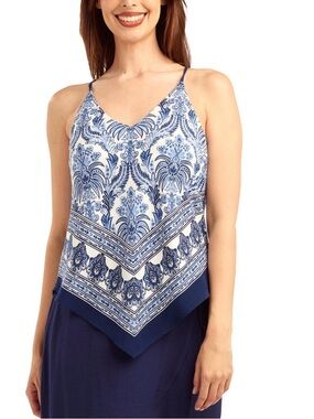 BCX Blue and White Printed Triangle Hem V-Neck Top